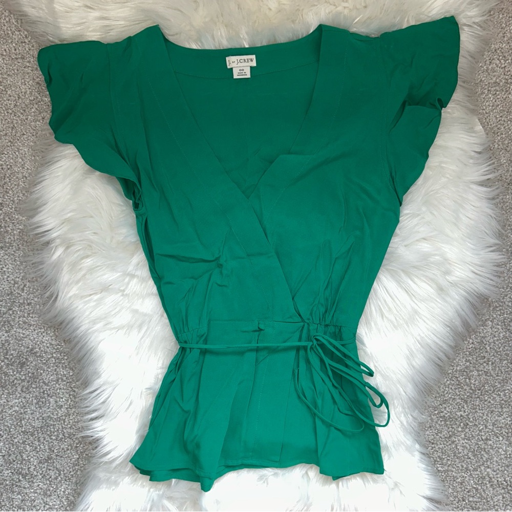 J. Crew Green Flutter Sleeve Wrap Blouse